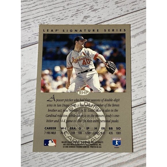 St. Louis Cardinals Andy Benes AUTOGRAPH BRONZE 1996 Leaf Signature Series Card - Picture 2 of 2